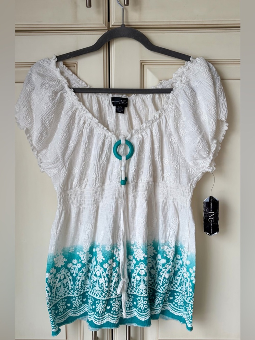NWT INC International Concepts White Tunic with Teal Embroidered Dip-Dye Hem M-L